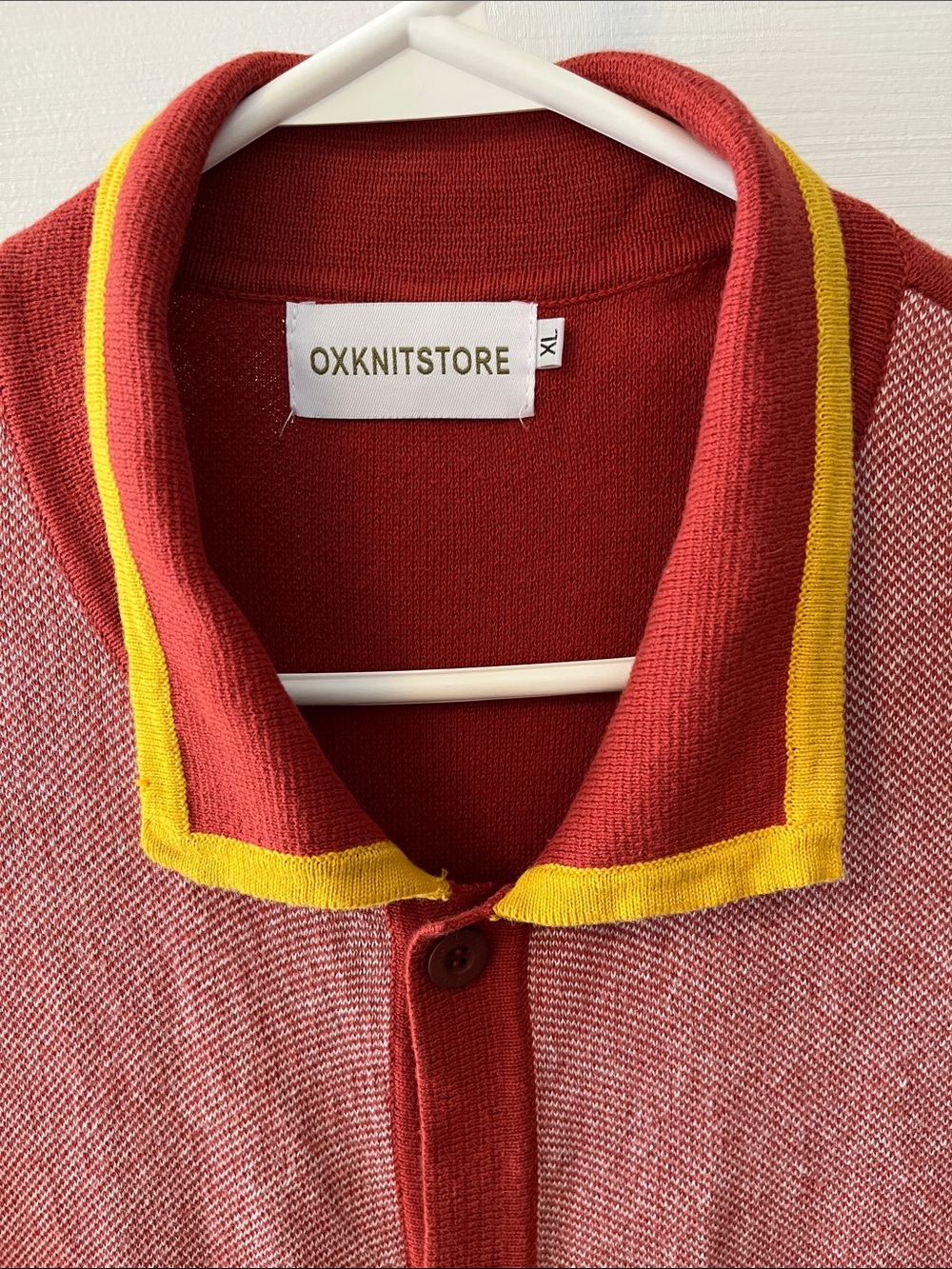 OXKNITSTORE Men's Red Short-Sleeve Button Cardigan with Yellow Trim - Picture 2 of 5